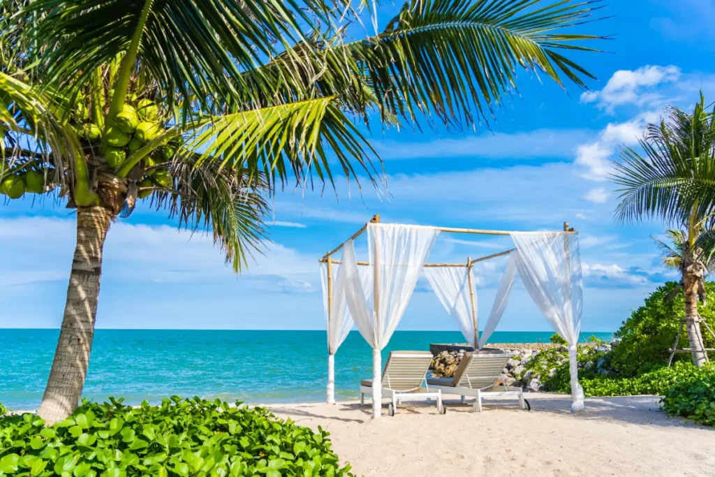 punta-cana-hermosa-sombrilla-y-silla-alrededor-de-playa-mar-oceano-con-cielo-azul-para-viajar